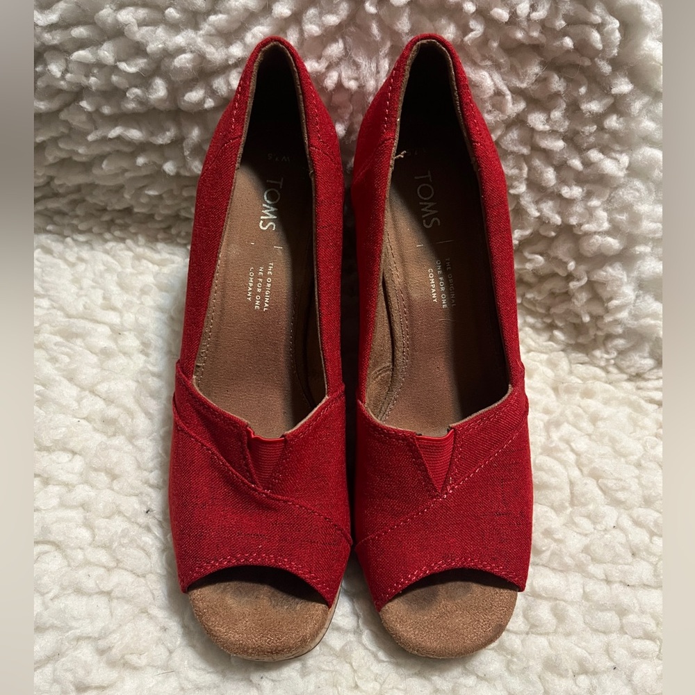 Toms Red Peep Toe Wedge Shoes, size 7.5